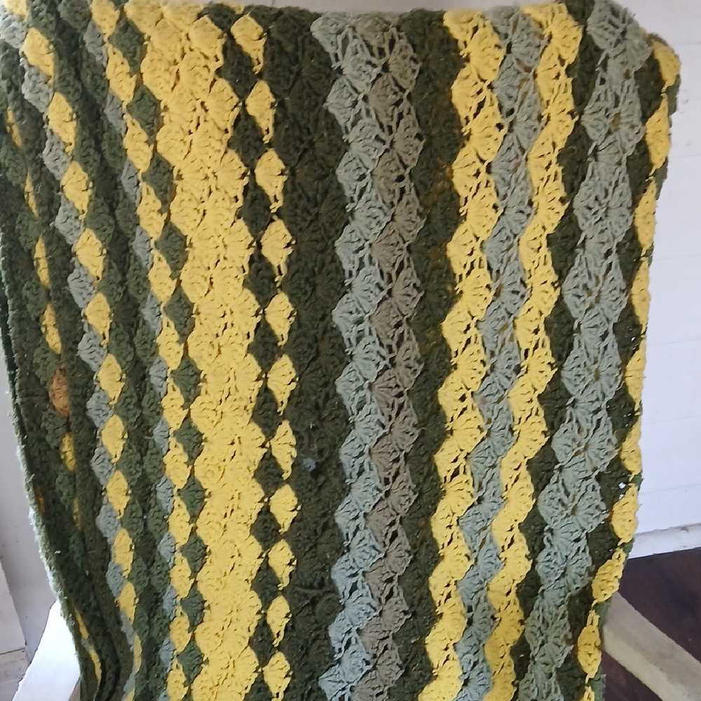 Handmade Crochet Blanket in Green and Yellow